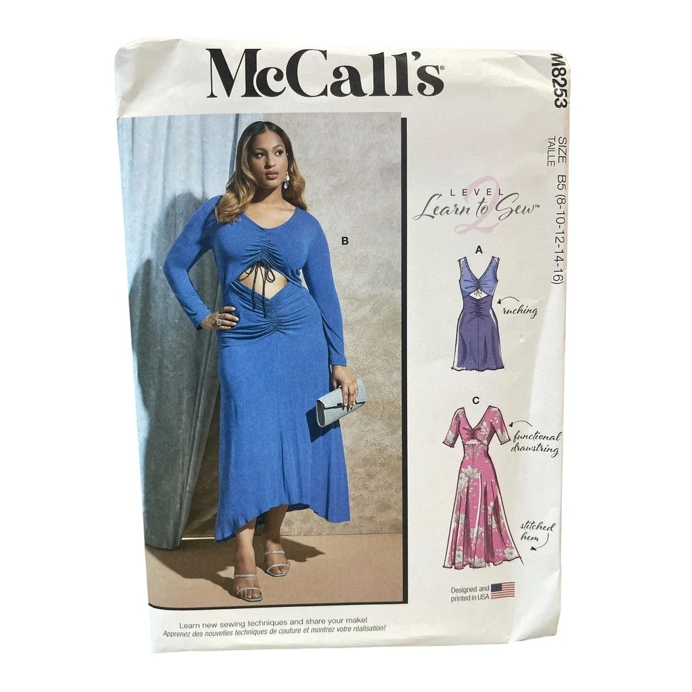 McCall's M8253 Sewing Pattern Women Size 8-16 Blue Cut-Out Ruched Knit‎ Dress